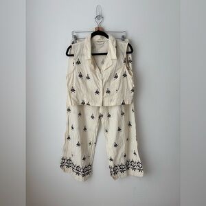 Bombay & Paisley Embroidered Cotton Linen Crop Top & Wide Leg Pants Set  L/XL